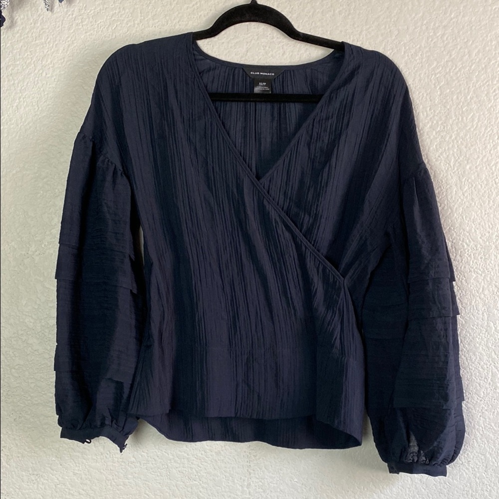 Club Monaco navy cross over front blouse - Picture 2 of 5